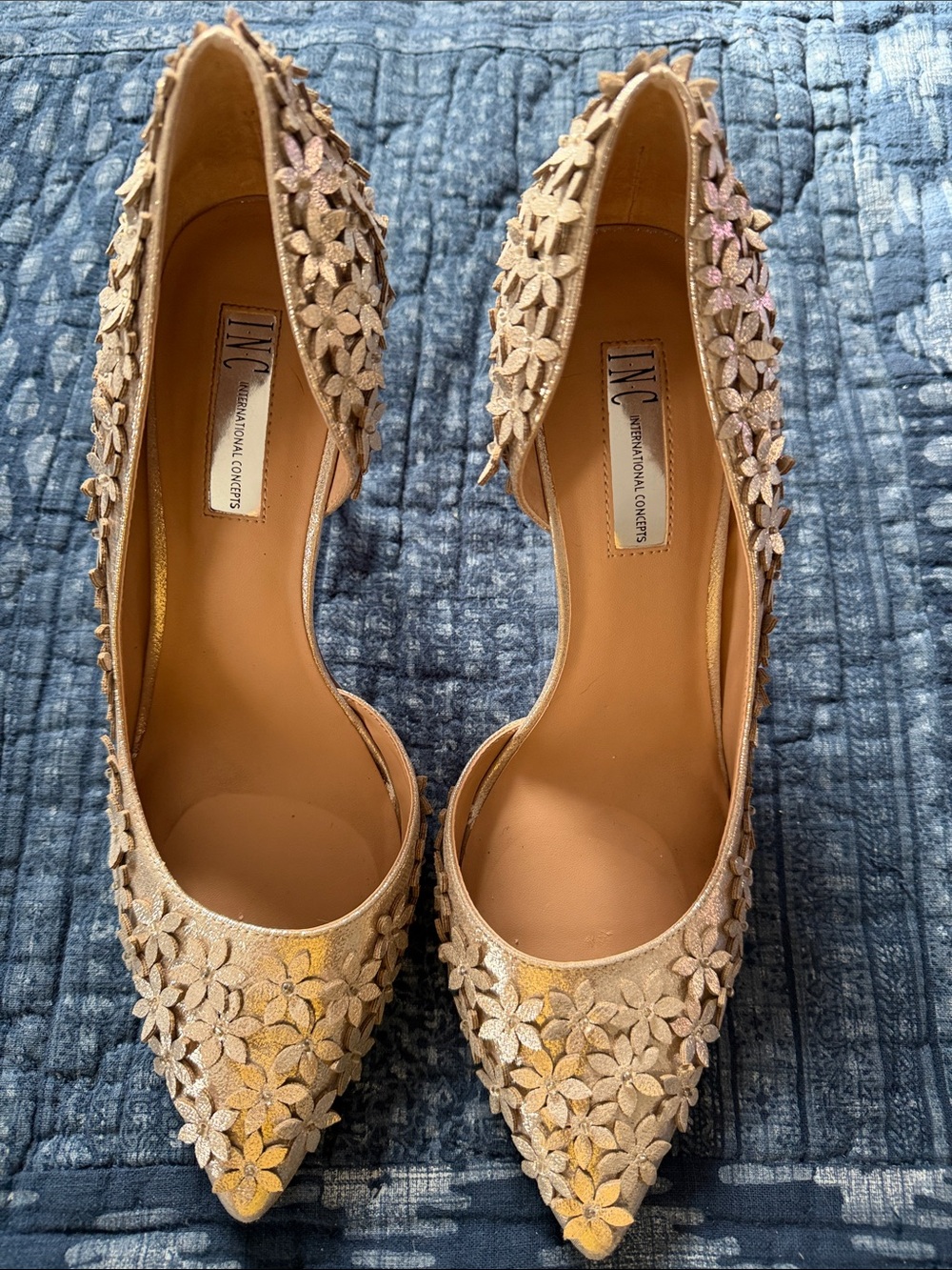 INC International Concepts Gold Floral Pointed Toe Heels with Appliqué